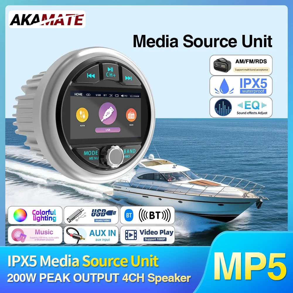 

AKAMATE Boat Radio Media Player Marine Stereo 3inch MP5 Video Play Bluetooth AM FM RDS Receiver for Harvesters ATV UTV SPA RZR