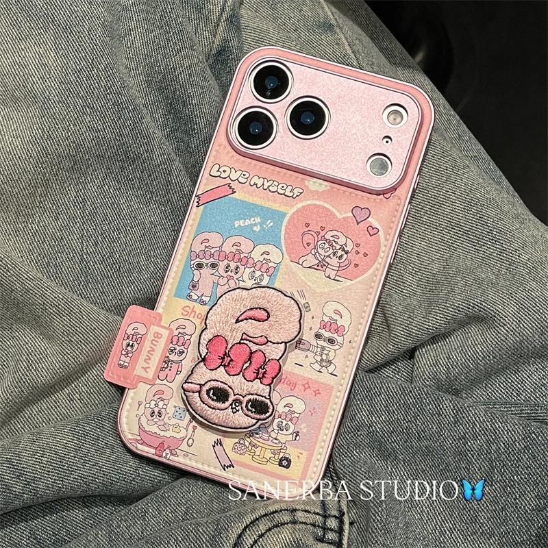 الكورية لطيف الوردي أرنب قضية الهاتف آيفون 17 برو 16 15 14 برو ماكس غطاء مع حامل حامل للصدمات واقية ل Gi