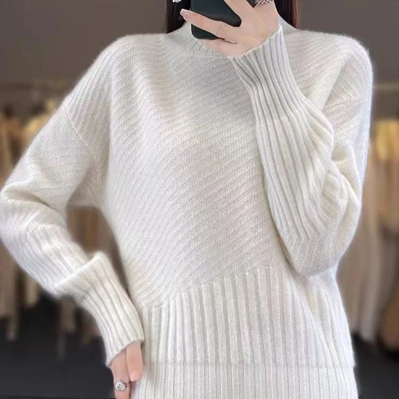 

Женский свободный утепленный свитер с воротником-стойкой, комфортный вязаный джемпер с длинным рукавом, теплый осенне-зимний топ с круглым вырезом