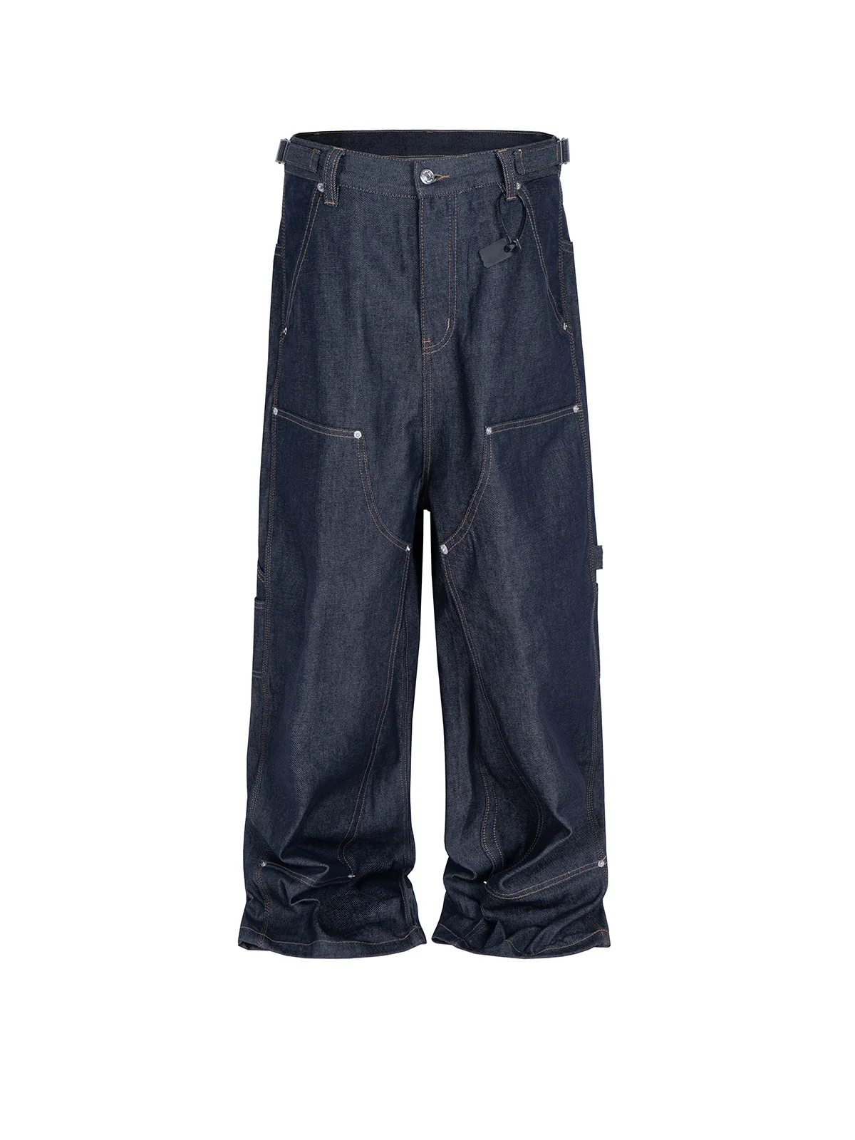 MIJKO Celana Jeans Biru Lurus Pakaian Kerja Celana Sapi Asli Bordir Banyak Saku Siluet Nyaman untuk Pria dan Wanita