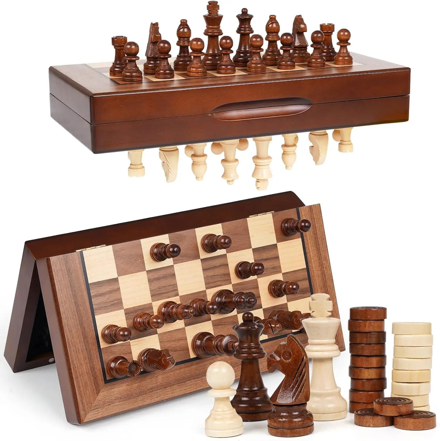 

2-in-1 Magnetic Wooden Chess & Checkers Set, 12" Folding Board, Travel Game with Storage