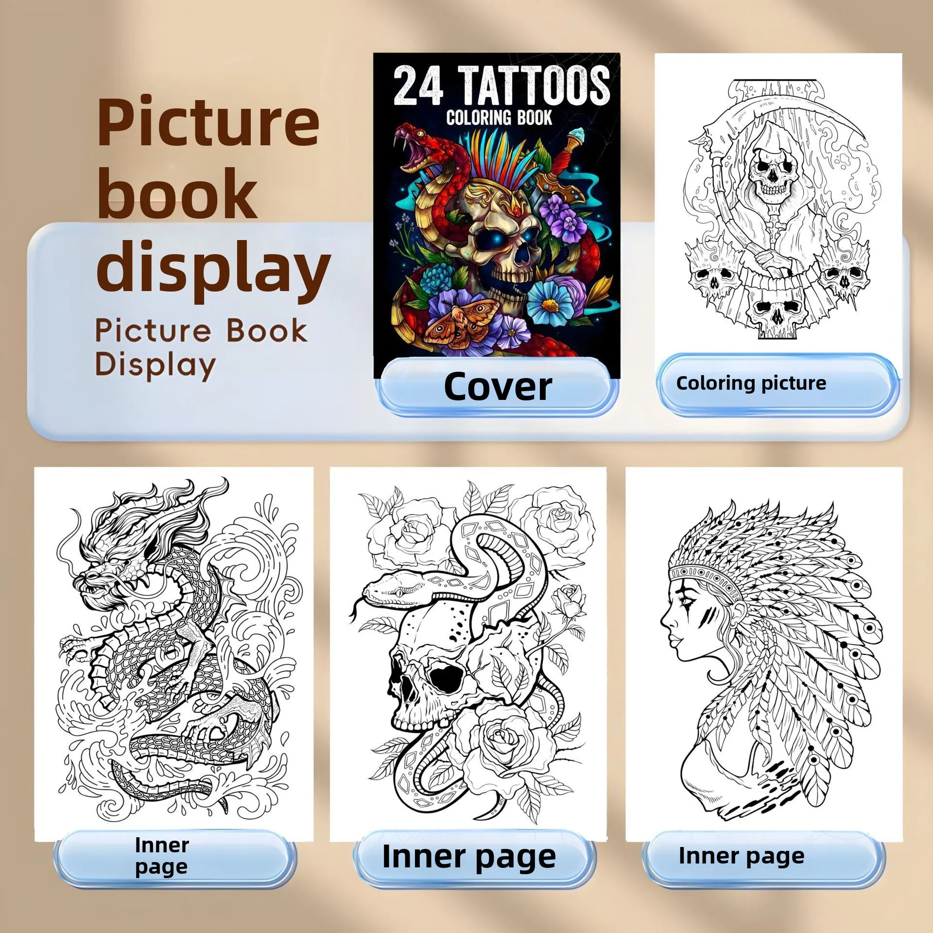 24 Tattoo Designs Coloring Book Edgy Ink Art for Adults Stress Relief Relaxation Art Therapy Gift