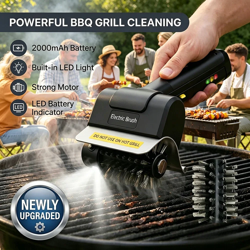 Electric BBQ Grill Cleaning Brush LED Light Rechargeable Cordless Stainless Steel Rotating Scrubber for Outdoor Camping Picnic B
