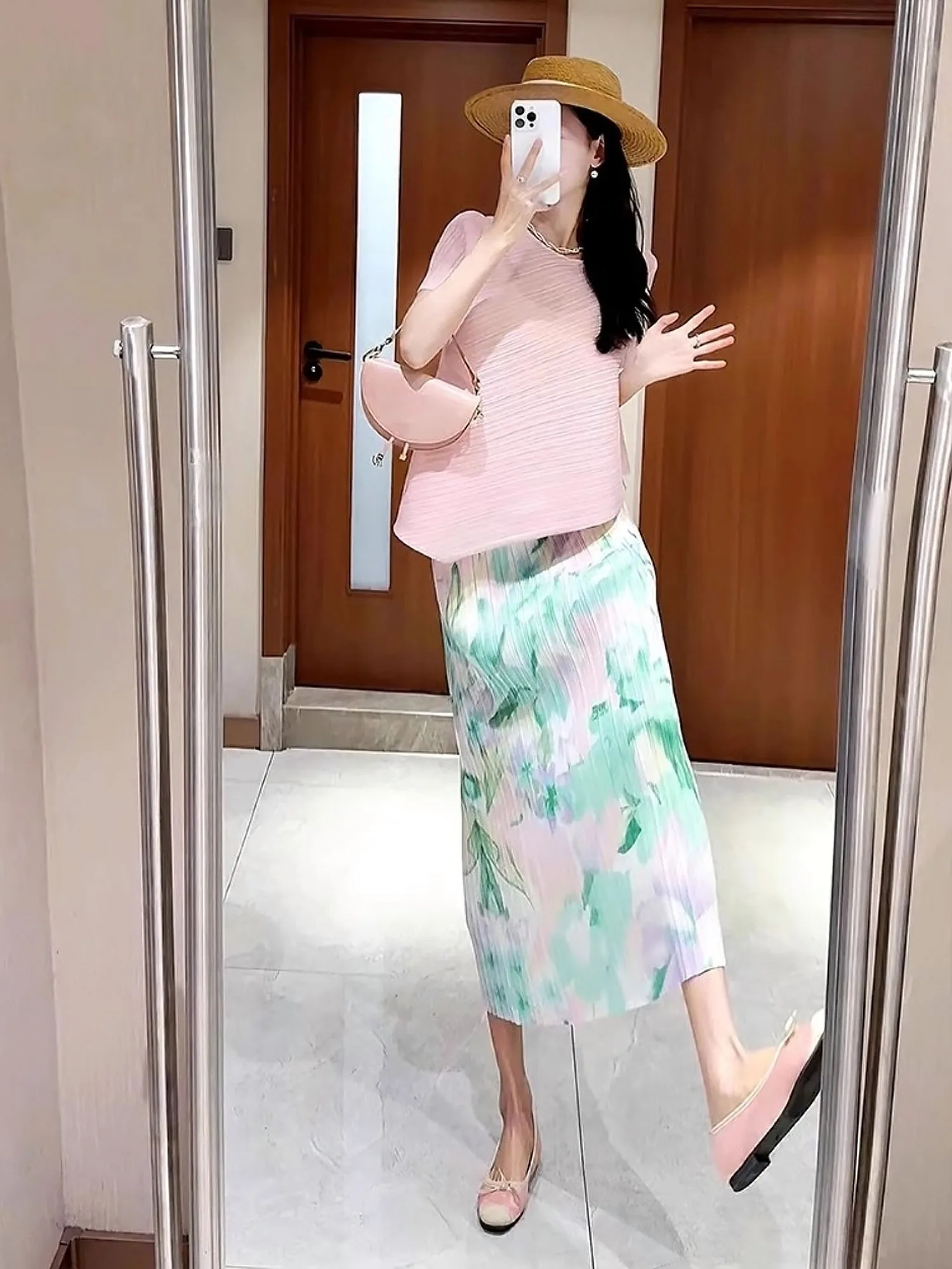 

Printed f Skirt Set with Pleats ort Sve Top Summer Faion Ensemble Polyester Material round Neline Overhead Sle