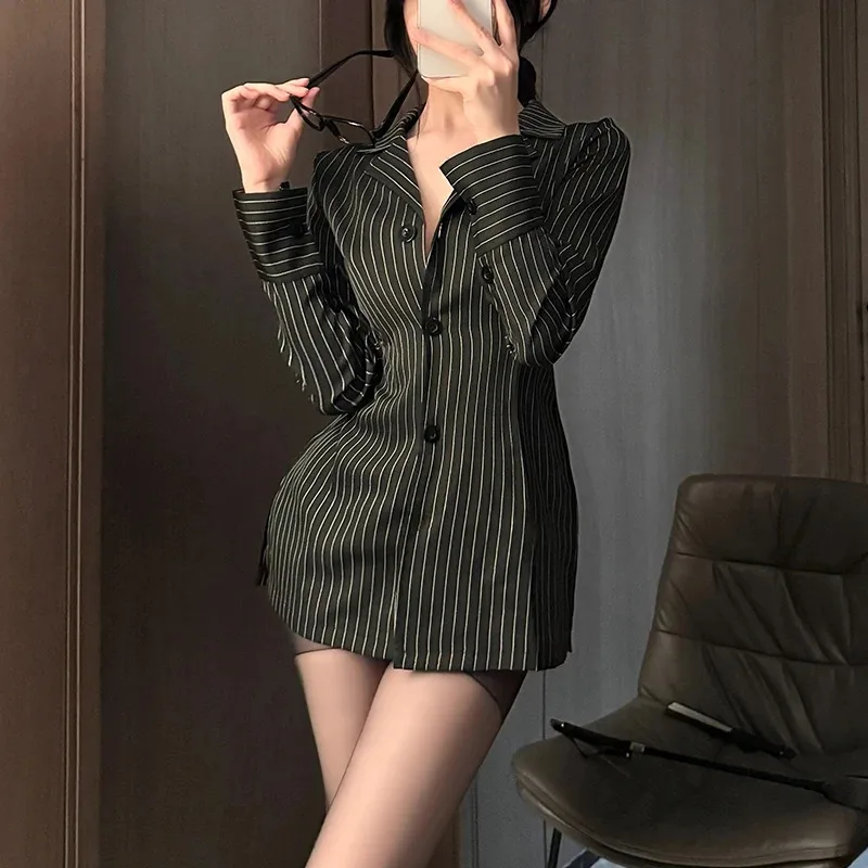 25COSOffice Lady Cosplay Open Bra Role Play Lingerie Costumes Sexy Striped Shirt Office Lady Roleplay Uniform Shirt OL Secretary
