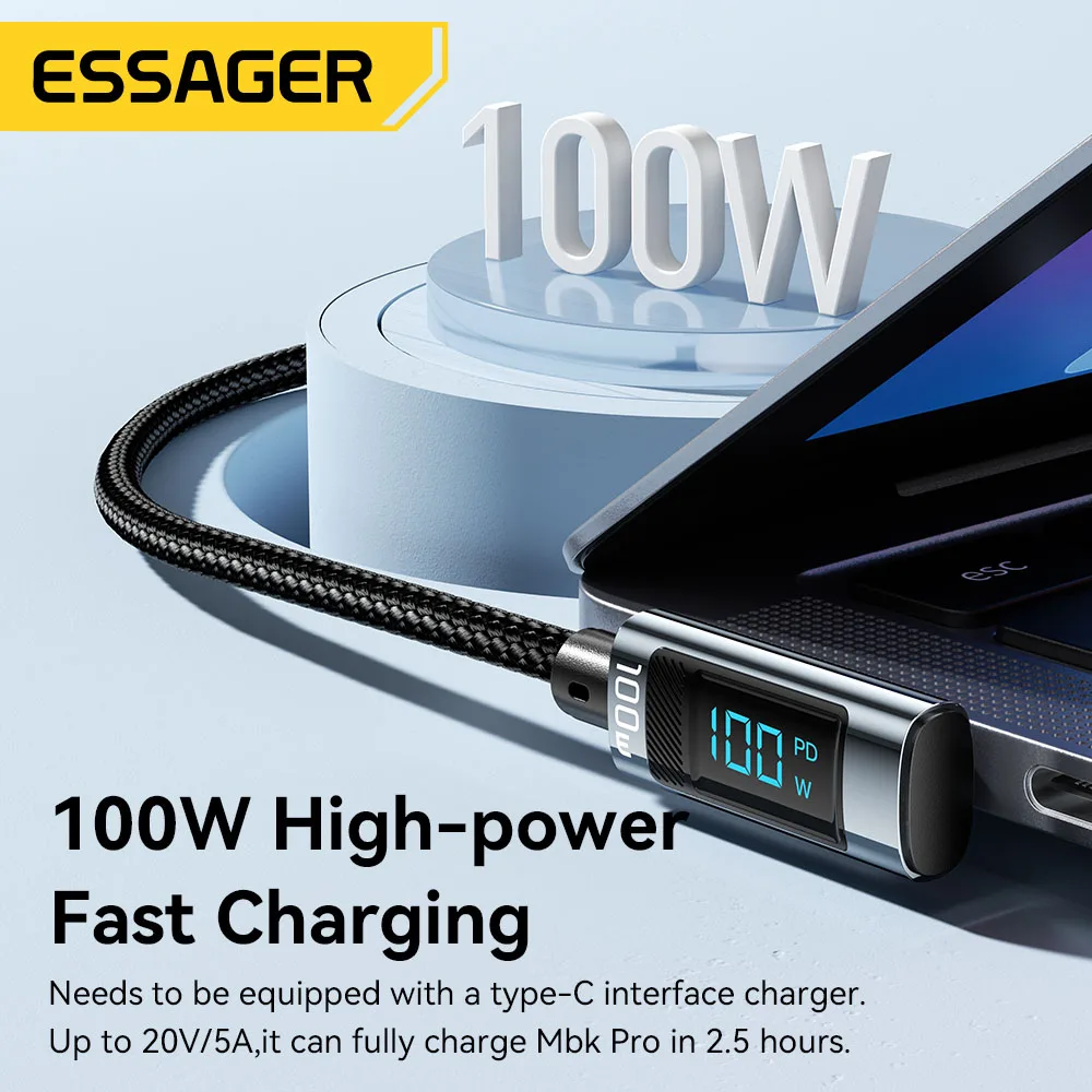 Essager PD100W USB Type C Cable 90 Degree 5A Fasting Charing For Macbook Xiaomi Samsung Huawei Laptops LED Digital Display Cable