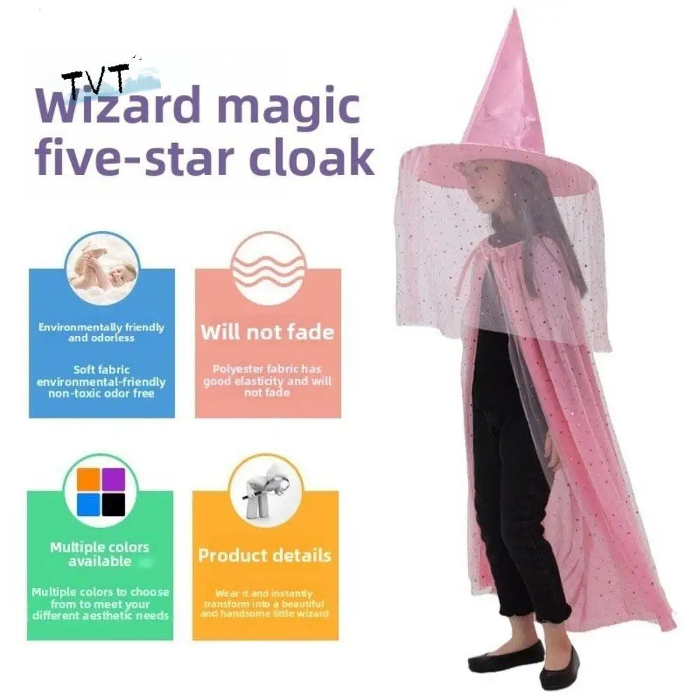 

Creative Double Layer Halloween Cloak with Hat Robe Star Halloween Children Costume Cosplay Mesh Cape Hat Set Masquerade Show