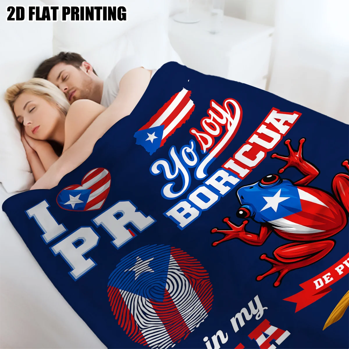 Single Puerto Rican Flag And Frog Design Flannel Blanket, Made of 280GSM Material - Comfortable, Warm, And Cozy. Machine Washabl