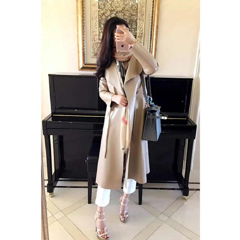 

Winter Jacket Women Promotion Super Soft Sheepskin Lapel Drawstring Slim Long Trench Coat Korean Fashion Khaki Jaqueta De Couro