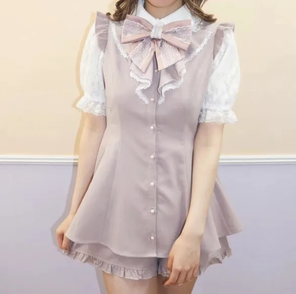 Two-Piece Sets Women Rojita Culottes Outfits SC Lolita Dress Suit Japanese-Style Mine Slim-Fit Slimming Bow Lace Shirt Shorts