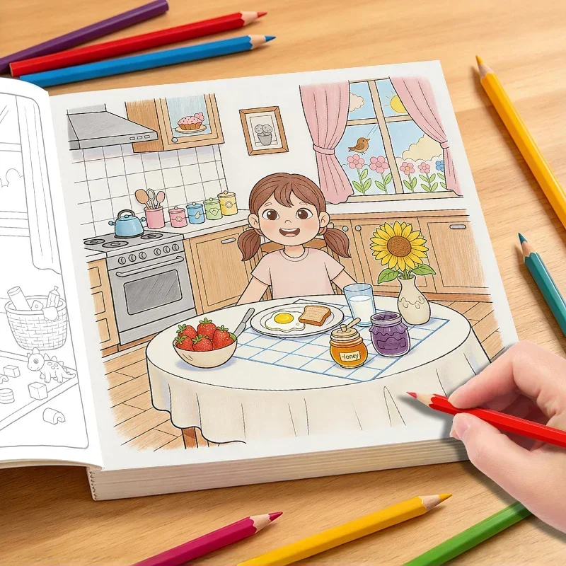 1 Children's Fun Life Graffiti Coloring Book, Include Daily Scenes Such As Reading in The Study, Baking in The Kitchen, 24 Pages