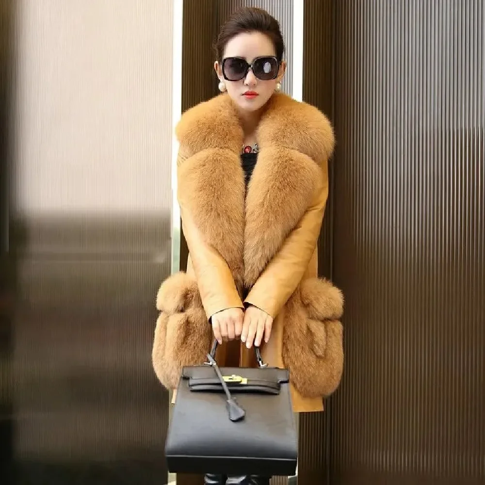 Kurtka skórzana z kołnierzem z bawełnianego aksamitu i futra lisa, płaszcz ze skóry PU, damski płaszcz ze sztucznym futrem, średniej długości.