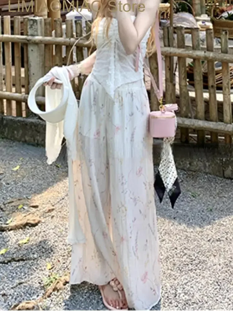 

Новые белые элегантные широкие брюки женские с цветочным принтом Франция милые брюки женские с высокой талией корейские модные прямые брюки