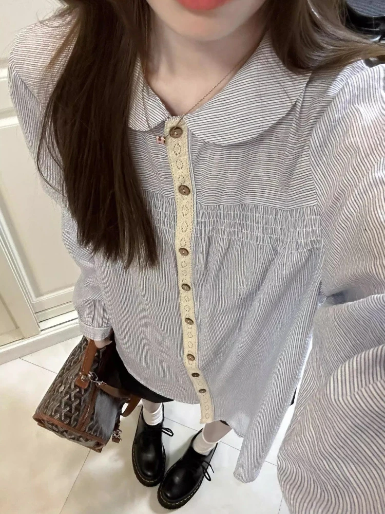

Korean Sweet Collar Lace Striped Shirt Women 2025 Summer Casual Loose Long Sleeve Tops Fashion Versatile Blouse