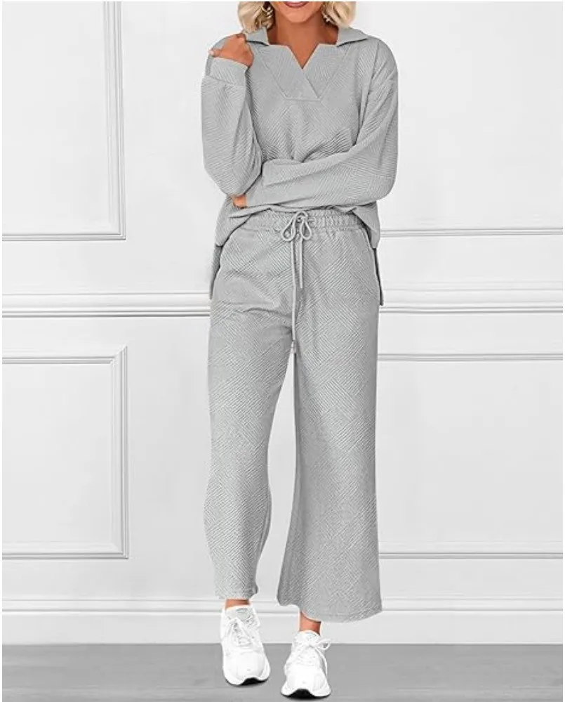 

Spring and Autumn Women's 2-piece Set of Lapel Long Sleeve Top Texture Fashion Korean Style Elastic Waist Drawstring Pants Set