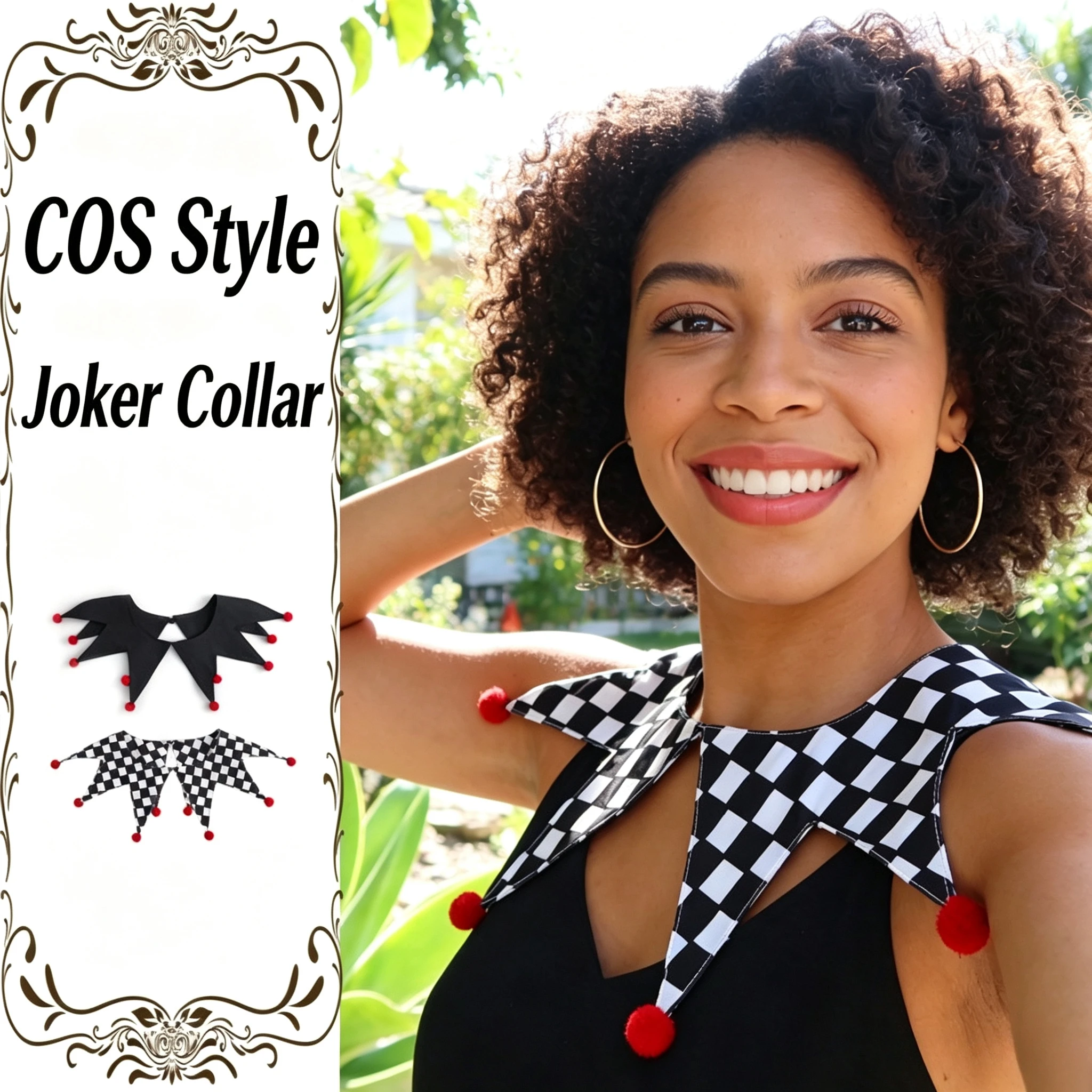 Black White Checkered Fake Collar Gothic Vintage Detachable Shirt Collar Halloween Clown Costume Accessory