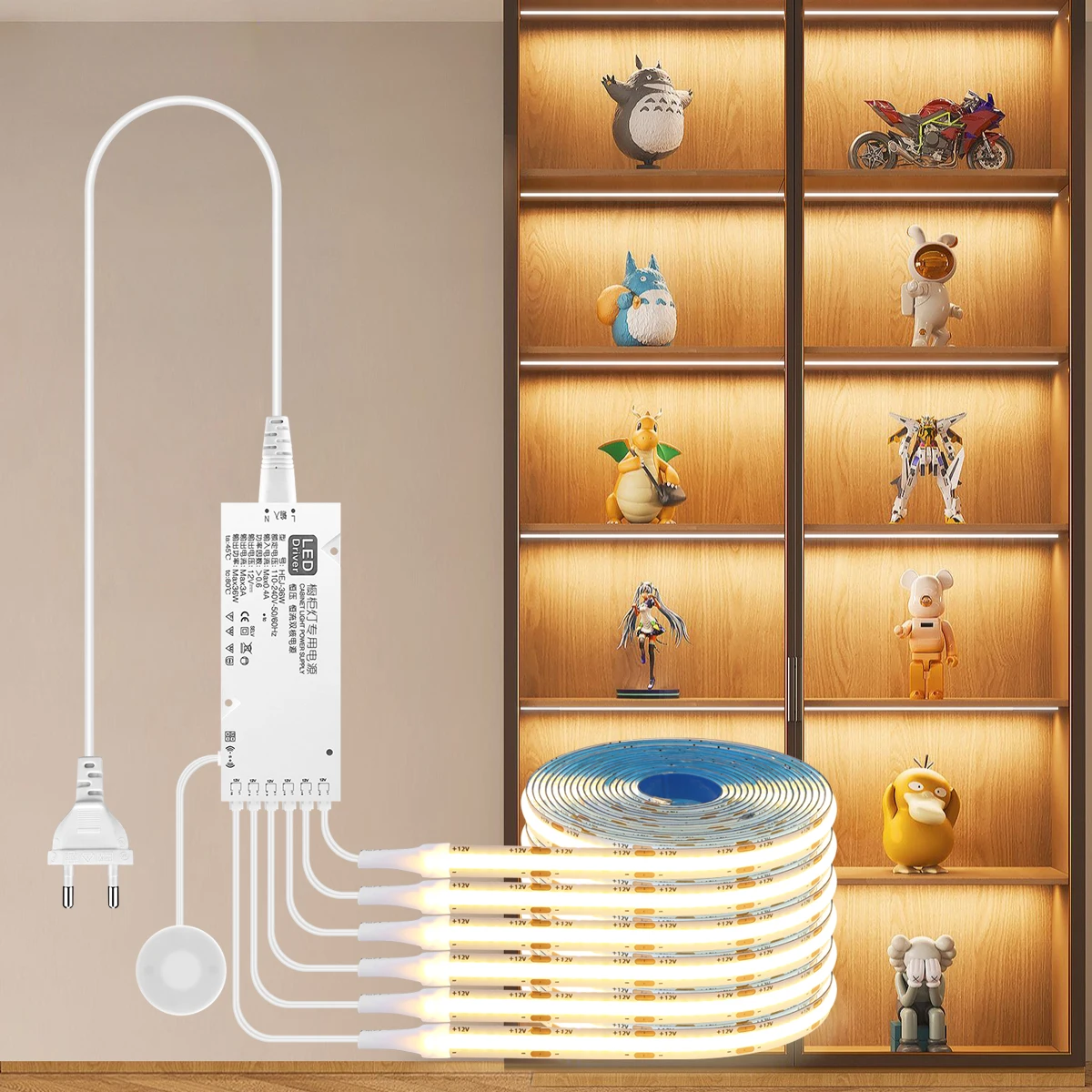 12V Under Cabinet Bookcase Lamp COB LED Strip Light 320LED/M Penetrable Wood Hand Scan Sensor Touch Dimmer Switch Closet Lamp