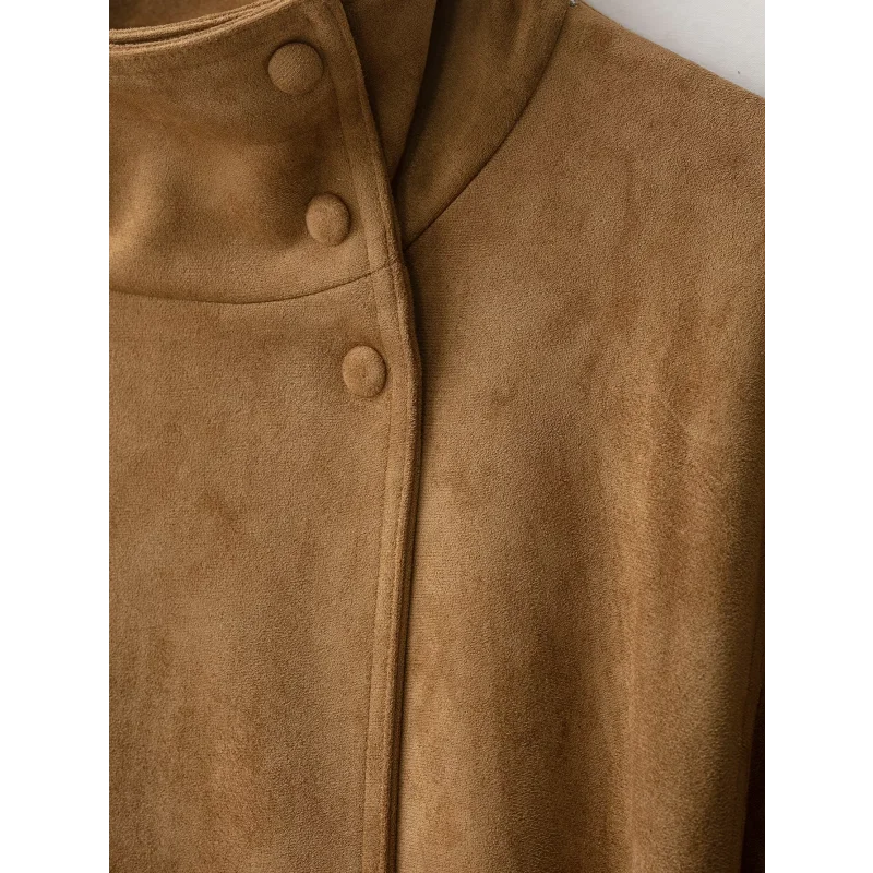 Damen Herbst Winter Hochkragen Wildlederjacke Einfarbig Einreihig Langarm Gürtel Tailliert Lockerer Mantel Lässige Mode Streetwear – Detail 21