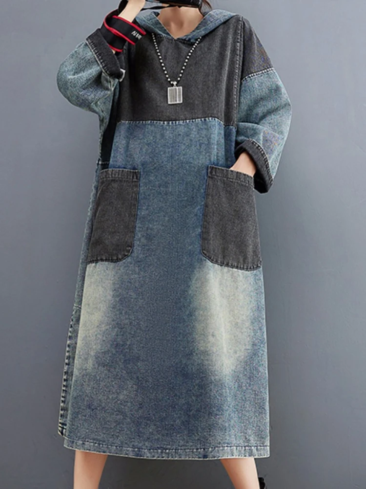 Max LuLu 2022 Winter Women Loose Vintage Hooded Design Denim Dresses European Style Casual Patchwork Long Vestidos Pockets Dress