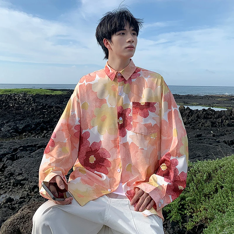 

Long Sve Casual irt Men's Spring Autumn New Sle High Faion Trendy Print Wear Resistant Youthful Leisure Collar Butto...