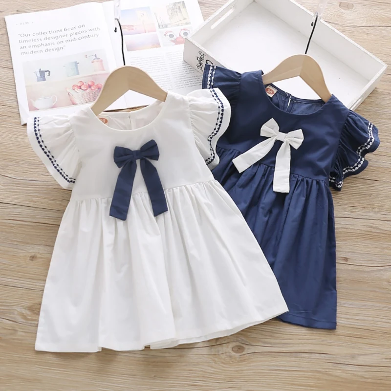 2024 Summer 1 2 3 4 5 6 Years Toddler Girls Dresss Cotton Sweet Elegant Bow Fly Sleeve Dress Kids Clothing Princess Dress