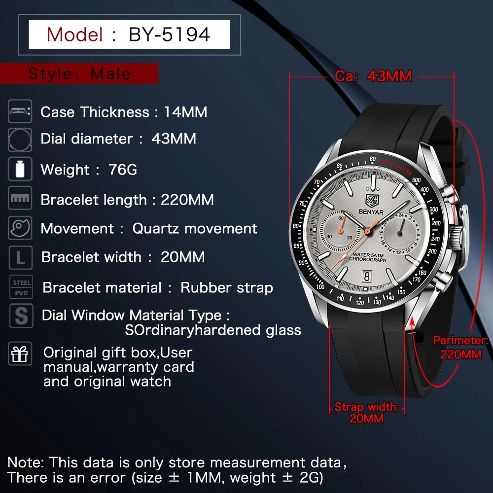 2023 New BENYAR Moon Watch For Men Luxury Quartz Chronograph Men Watches Sports Waterproof Automatic Luminous Clock Reloj Hombre