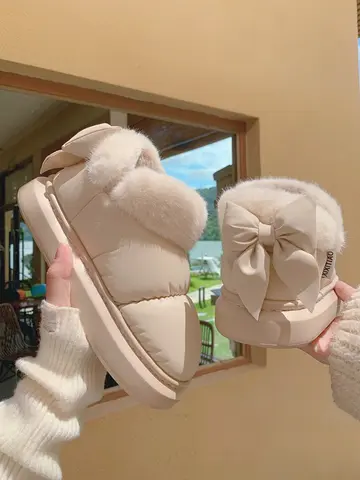 Bottines de neige courtes à nœud papillon pour femme, chaussures d'hiver en peluche et isolation épaisse, imperméables, en coton PU, pantoufles de maison pour femmes