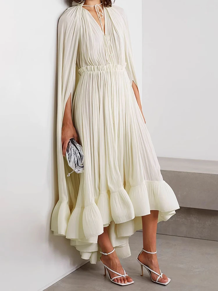 

Light Luxury Cape Style Long Dresses Spring Women V-neck Fungus Edge Splicing Dress Summer High Waist Solid Knee Length Dress
