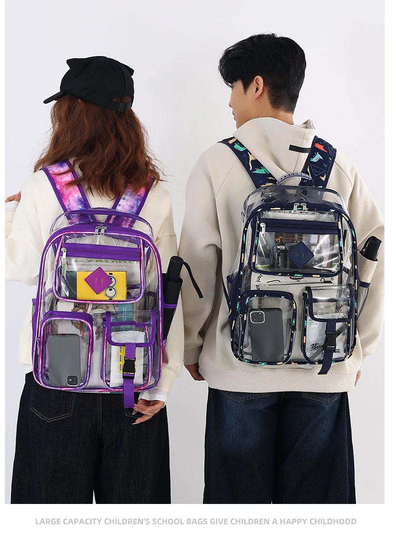 Transparenter PVC-Rucksack mit großem Fassungsvermögen, Cartoon-Schultergurt mit Graffiti-Muster, transparente Ita-Tasche aus PVC für Studenten