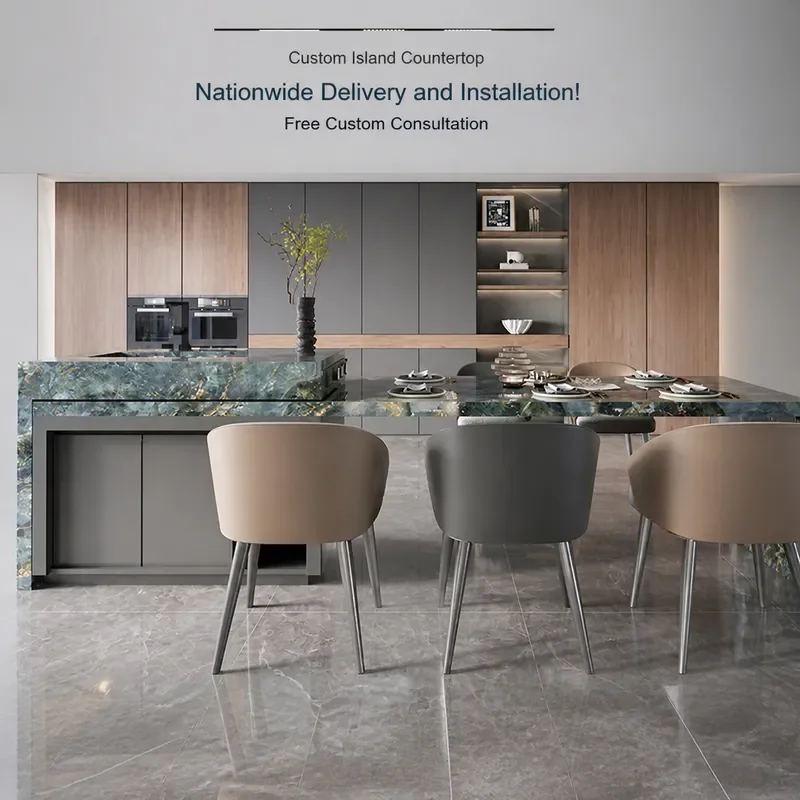 Rotating Kitchen Island Table with Retractable Guide Integrated Rock Slab Countertop for Small Apartment Home Dining