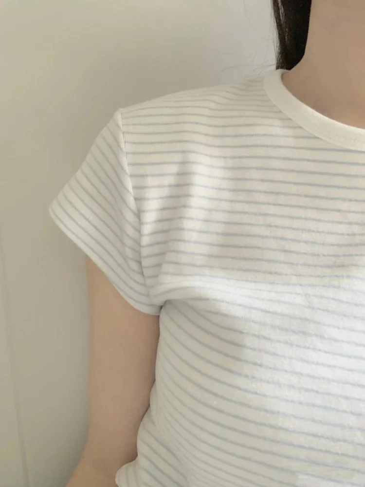 Casual Women Soft Cotton White Striped Printed Tees 2023 Summer Vintage O Neck Short Sleeves Female Chic Tops