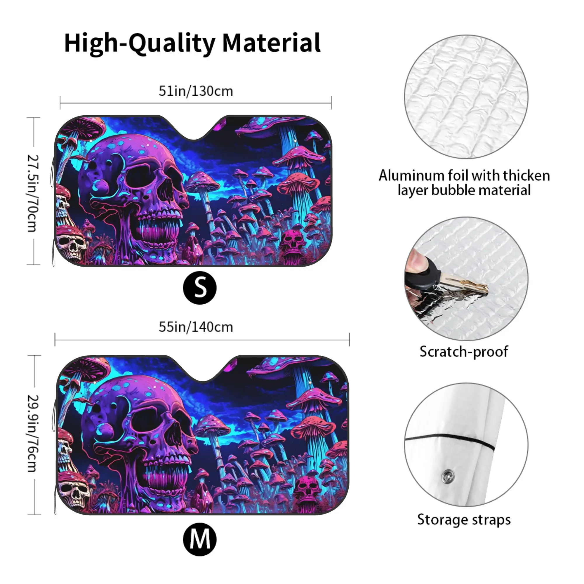 Trippy Skull Mushroom Car Windshield Sun Shade, UV Ray Reflector Folding Auto Sun Visor Keeps Vehicle Cool