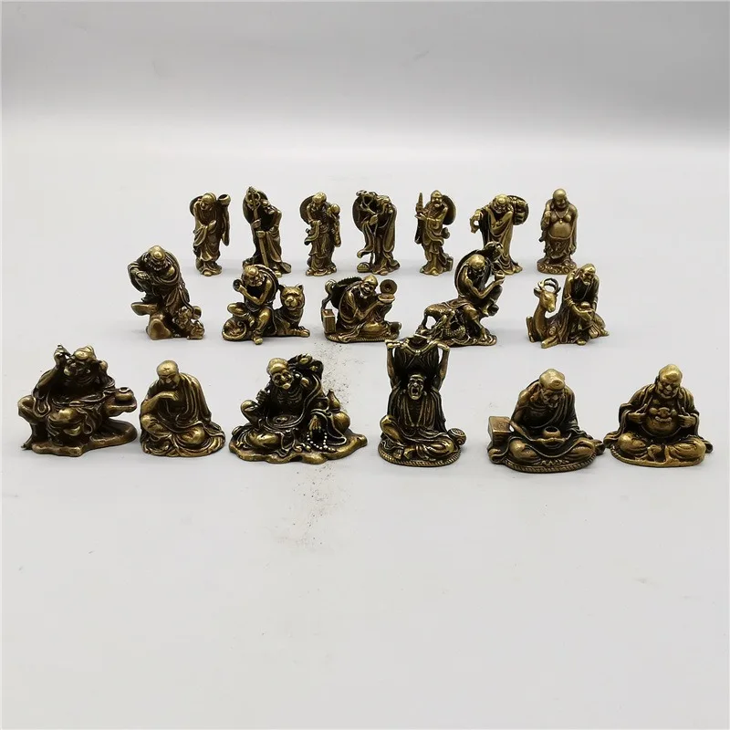 Vintage Metal Eighteen Arhats Figurine Set Mini Brass Monk Statues Oriental Religious Tabletop Collectible Decor Ornaments