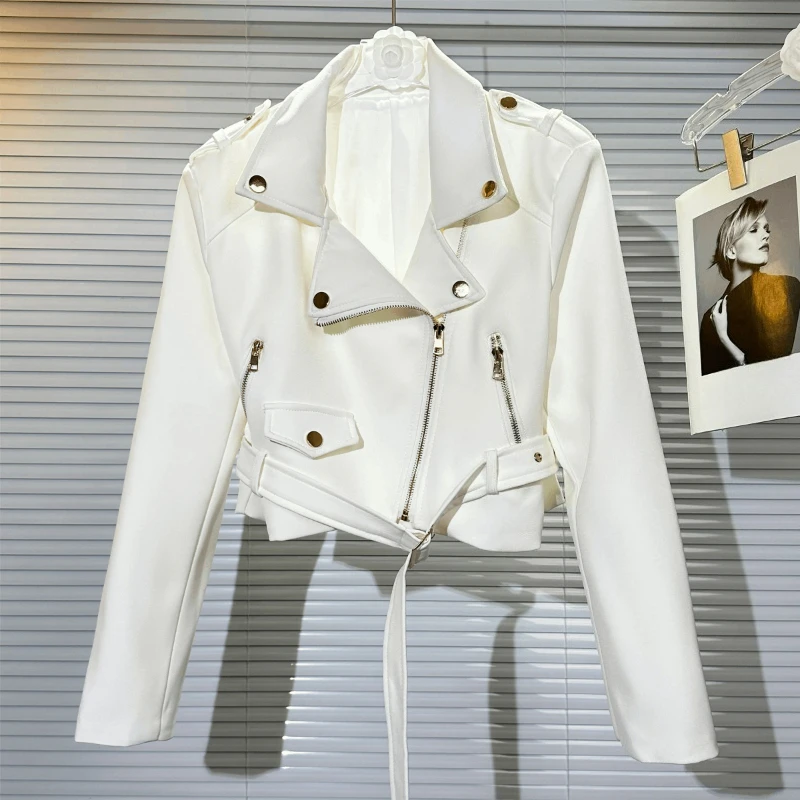 

Стильная мотоциклетная куртка в корейском стиле с металлической молнией и воротником для женщин, весна-осень 2026, новая универсальная короткая верхняя одежда с поясом