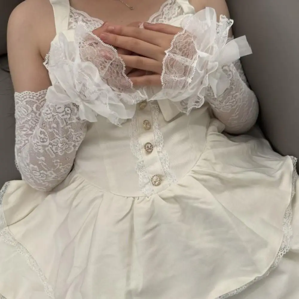 Hollow Out Lace Fingerless Gloves Bowknot Elegant Floral Bridal Wrist Gloves Ruffle Trim Elastic Yarn Lace Arm Sleeves