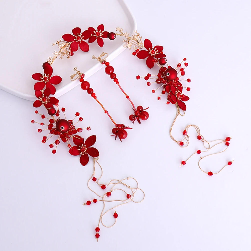 

1 Set Flower Pearl Bride Headdress Red Hair Band Durable Elegant Retro Women Headband Non Slip Hair Clasp Earrings Included Gift