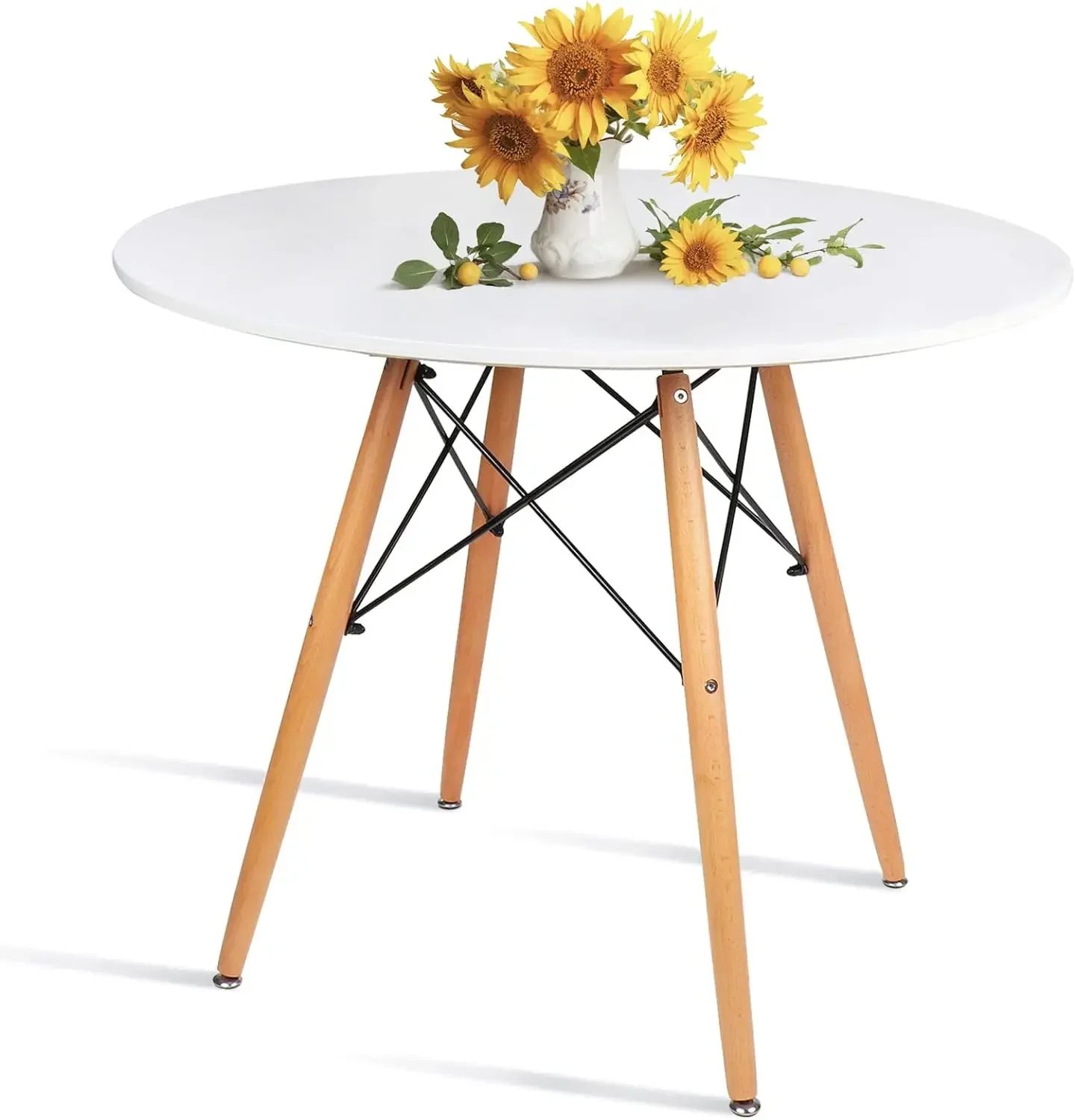 

Round White Dining Kitchen Table Modern Leisure Table 31.5" with Wooden Legs for Office & Conference 2 to 4 People