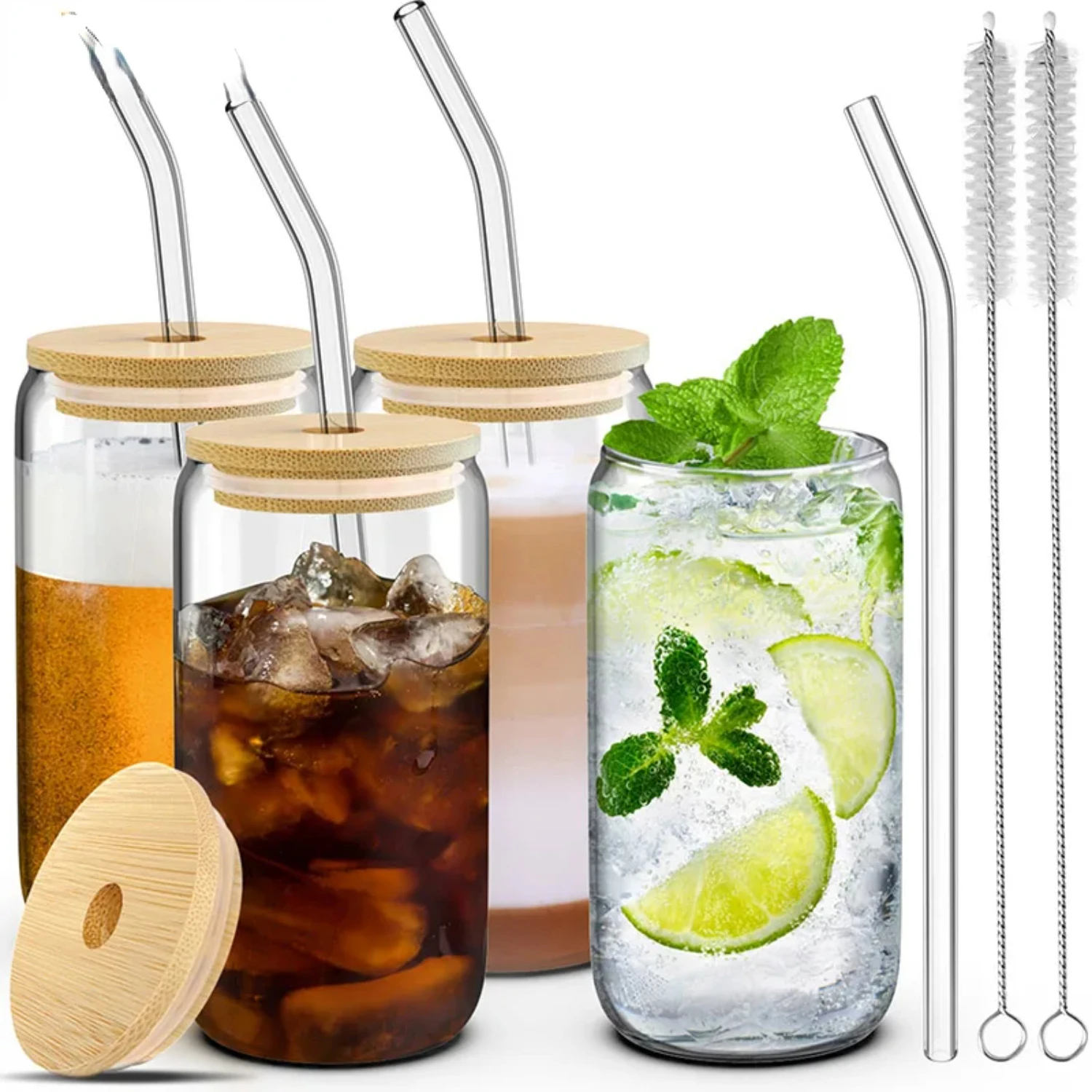 1/4Pcs 400ML Glass Cup With Wooden Lid And Straw Juice Drink Beer Mug Coffee Milk Transparent Water Cup Suitable  Parties