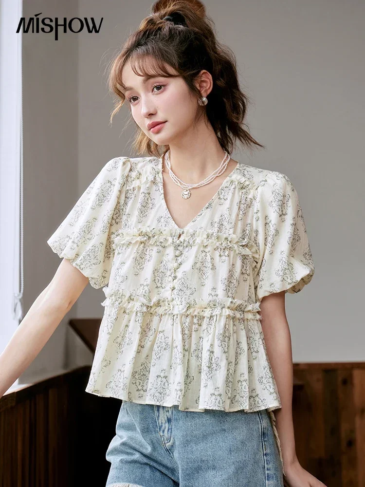 

MISHOW French V-neck Floral Short Sleeve Chiffon Blouses for Women 2023 Summer Pleated Bubble Sleeved V Neck Doll Top MXC39X1294