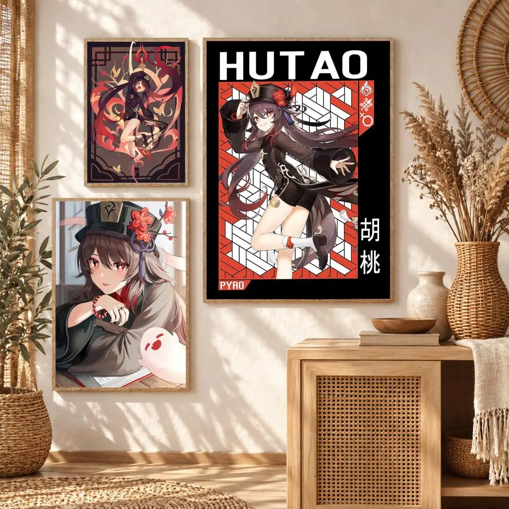 Playful Game Genshin Impact Hu Tao Poster Premium Modern Waterproof Wall Art Pictures for Bedroom Living Room Bar Decor