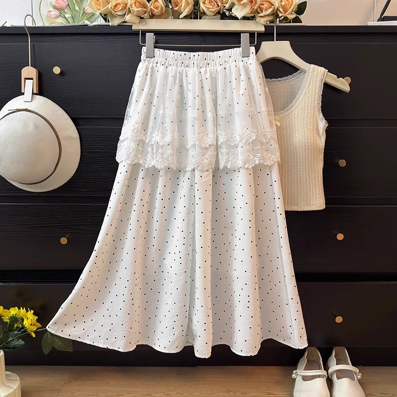 

Two Pieces Lace Patchwork Polka Dot Skirt Women High Waisted Pleated Loose A-line Long Skirts Sweet Casual Faldas