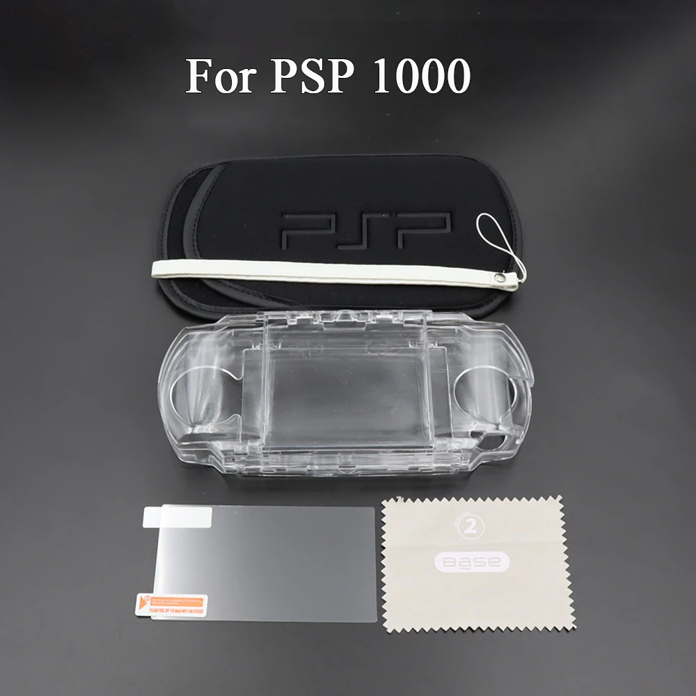 Per PSP 1000 2000 3000 Custodia da trasporto Custodia con cordino da polso Cover rigida trasparente Shell e pellicola protettiva per schermo