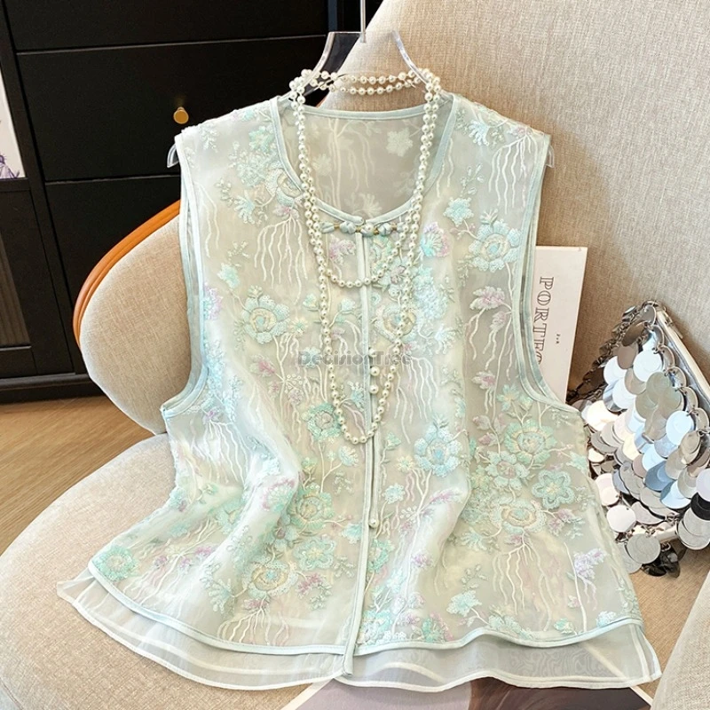 

2025 chinese improved style fashion casual round-neck sequined embroidered sleeveless vest women yarn elegant tang suit top t001