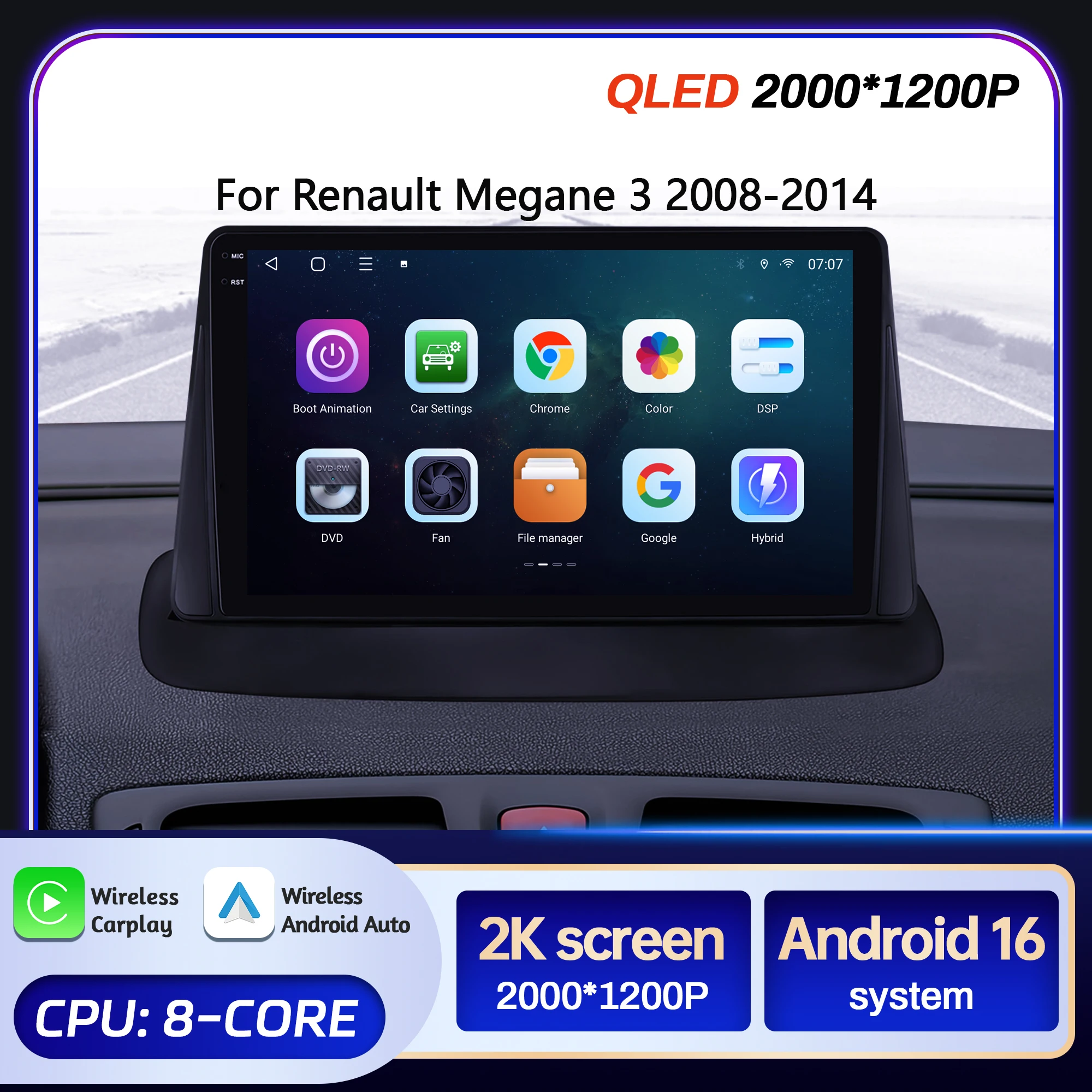 Rádio Multimídia Automotivo de 9 polegadas para Renault Megane 3 2008-2014 com Sistema Android 16, Bluetooth, Carplay, Android Auto, Tela QLED 2K, GPS e Wi-Fi 5G