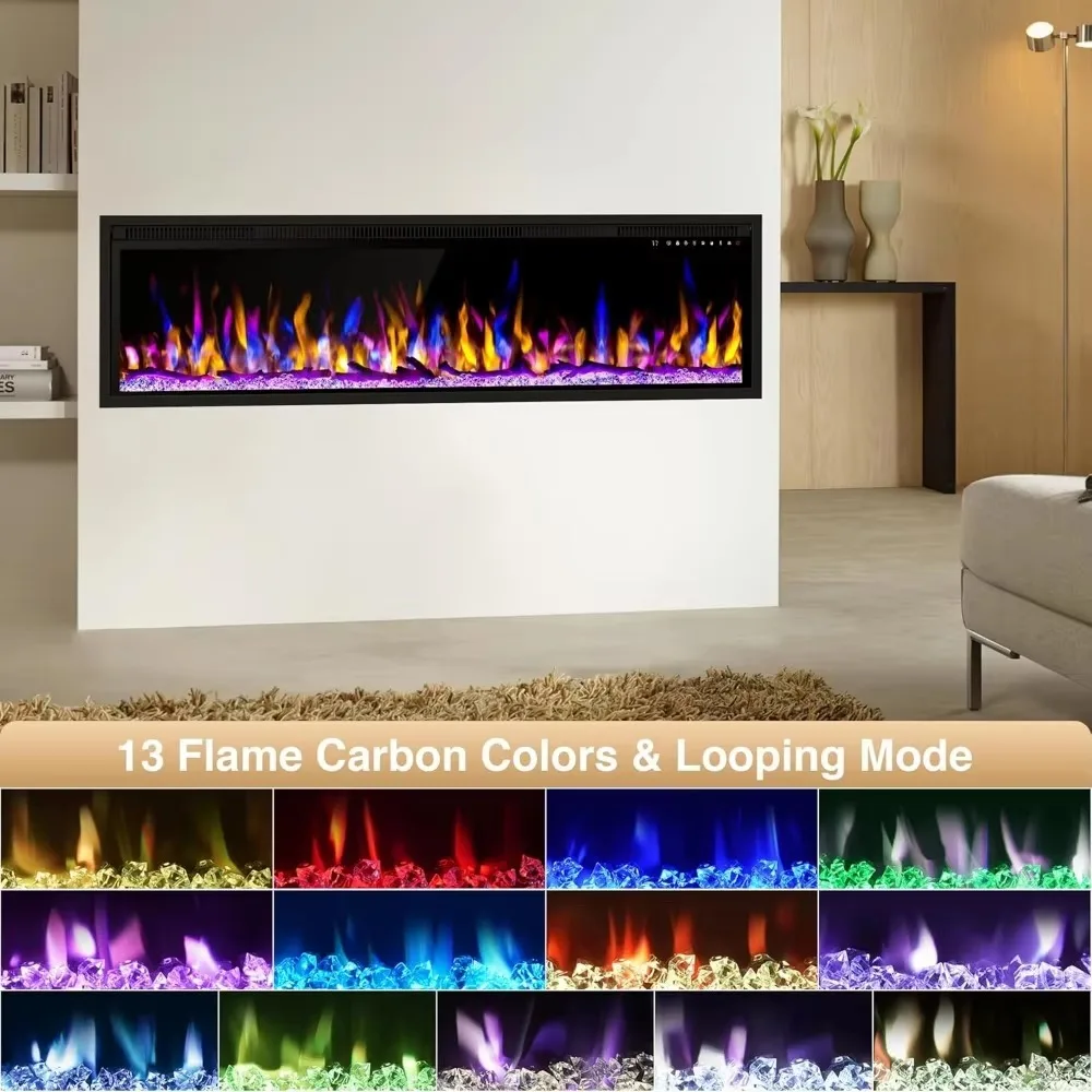 Calentador de chimenea eléctrico inteligente compatible con WiFi de 50 ", 13 colores de llama ajustables, chimeneas lineales empotradas en la pared y montadas en la pared