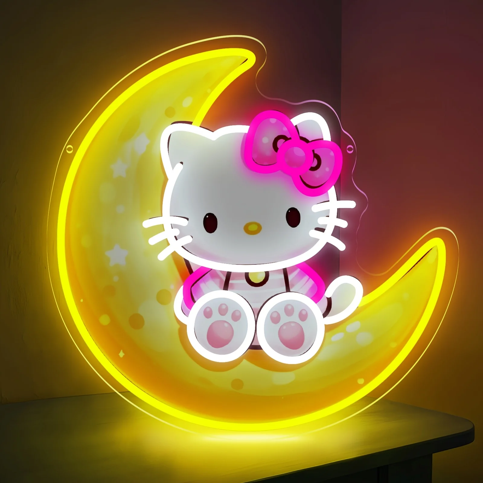 

Неоновая LED-лампа Hello Kitty на лунной подставке, желтая, милая, с USB-питанием, диммируемая, для декора стен, детской комнаты, кафе, спальни
