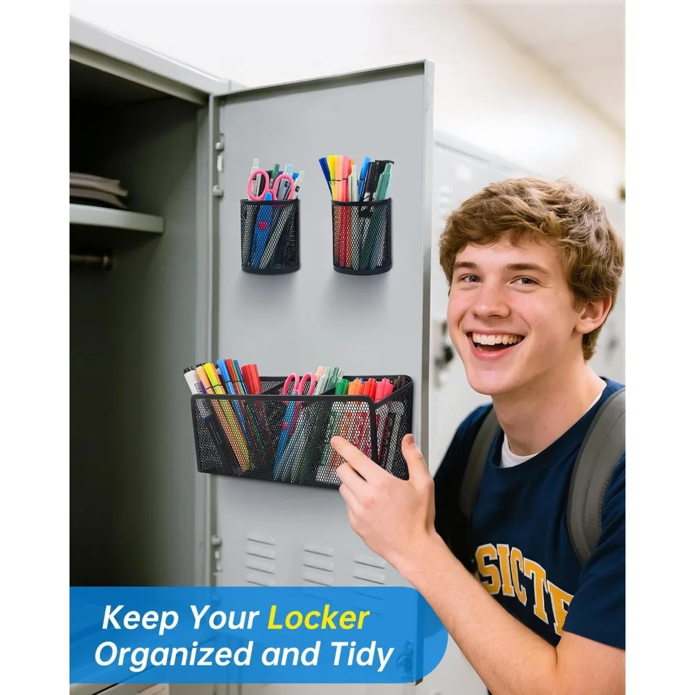 magnetic pencil holder - metal pen holder with strong magnets - storage basket organizer for whiteboard, refrigerator, locker a