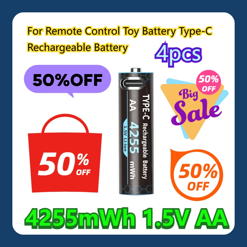 

For Remote Control Toy Battery 4255mWh 1.5V AA Type-C Rechargeable Battery 4pcs