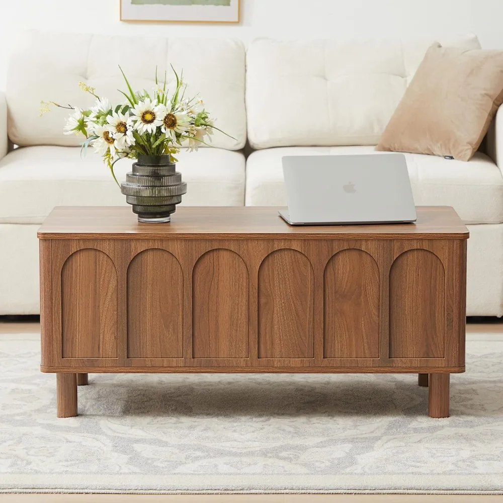 

Lift Top Coffee Table with Arched Finish, Modern Coffee Table with Lifting Tabletop & Hidden Storage, Wood Center Table for Livi