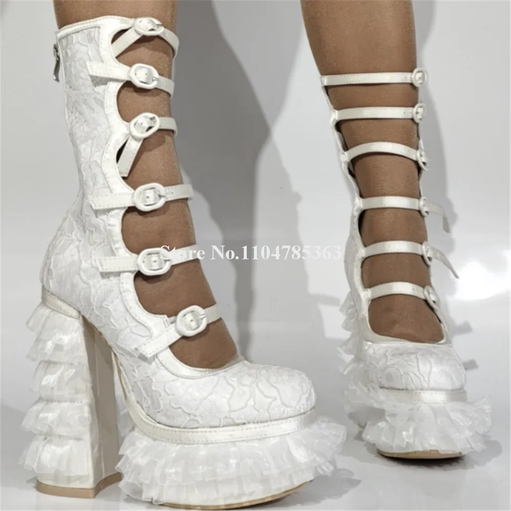 

Elegant White Lace Fringes Chunky Heel Short Boots Round Toe Strappy High Platform Ruffles Thick Heel Ankle Booties Big Size